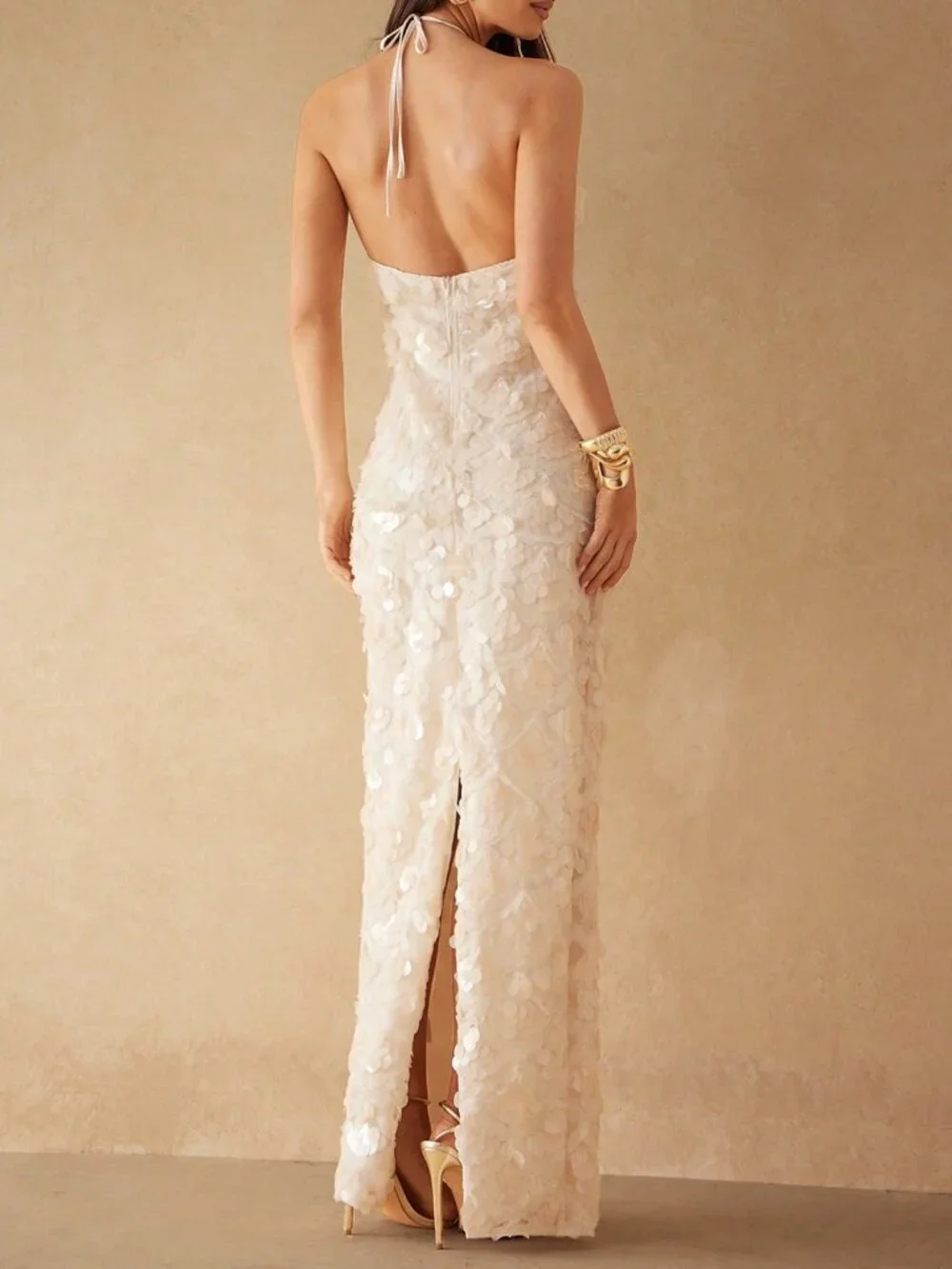 Apricot Sequined Halter-Neck Women's Backless High-Slit maxi Dress